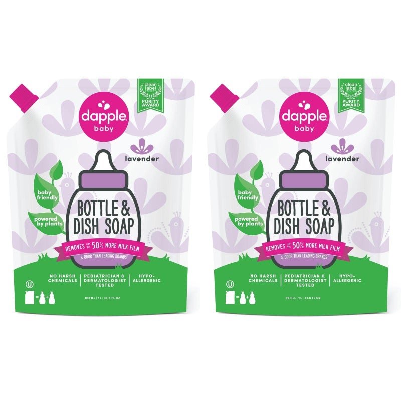 Dapple Baby Bottle Soap, Hypoallergenic Dish Soap for Baby Bottles, Powered by Plants, Lavender, 34 Fl Oz Refill (Pack of 2) - Image 1